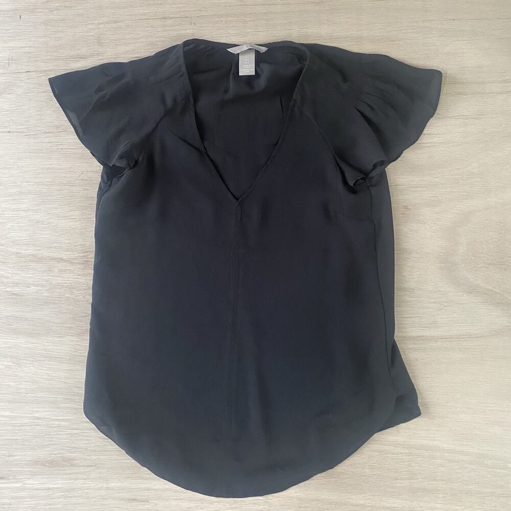 H&M Sheer Black Lightweight Flutter Sleeve V-Neck Blouse Size 0